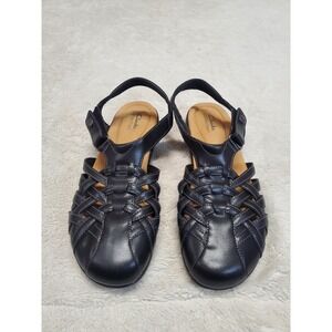 Clarks Black Leather Tan Strappy Classic Casual Boho Woven Sandals 12 Summer